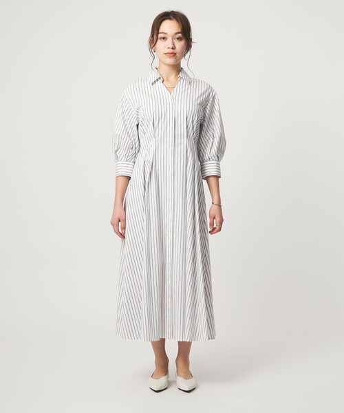 ワンピース シャツ襟 フィット＆フレア タック 5分袖 ワンピースの画像