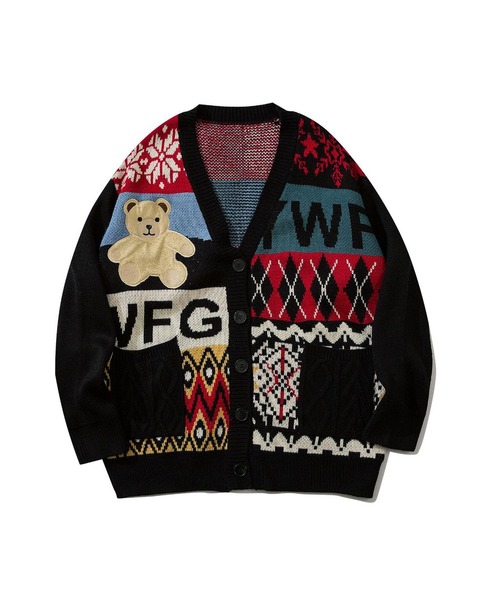 カーディガン 「HOOK」パッチワーク柄ニットカーディガン メンズ