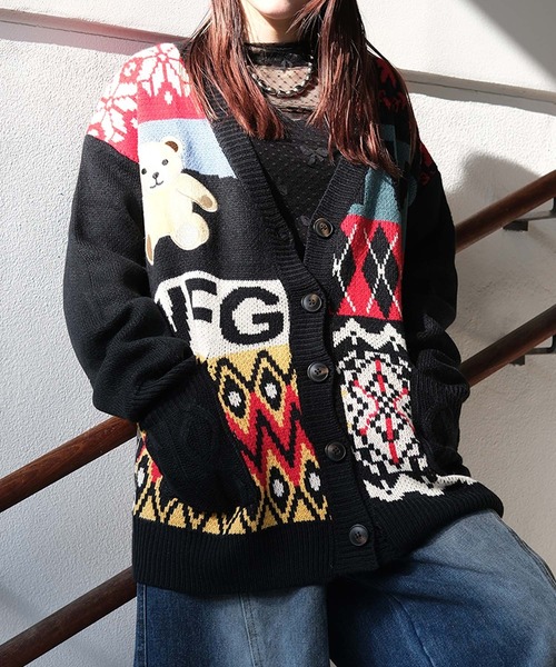 カーディガン 「HOOK」パッチワーク柄ニットカーディガン メンズ