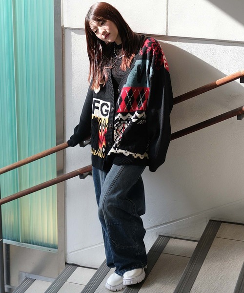 カーディガン 「HOOK」パッチワーク柄ニットカーディガン メンズ