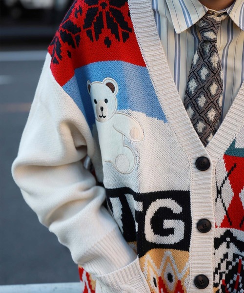 カーディガン 「HOOK」パッチワーク柄ニットカーディガン (AW) メンズ