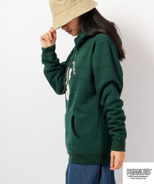 スタバ　スヌーピーパーカー　オーバーサイズパーカー グリーン L-XL PEANUTS パーカー スヌーピー タックボーダー 裏ボア スウェット
