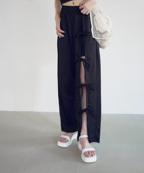 パンツ アシンメトリースリット リボンパンツ レディース