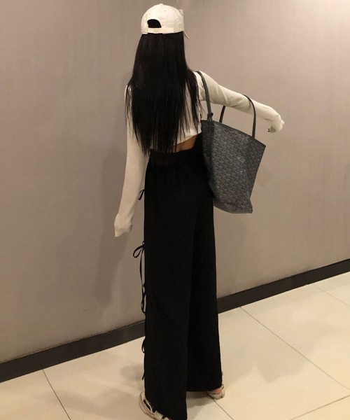 パンツ アシンメトリースリット リボンパンツ レディース