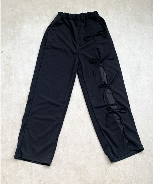 パンツ アシンメトリースリット リボンパンツ レディース