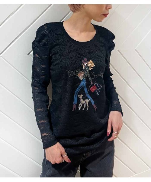 tシャツ 「DESERT ROSE/デザートローズ」ビジュー装飾シアーレース長袖カットソー(women shopping) レディース