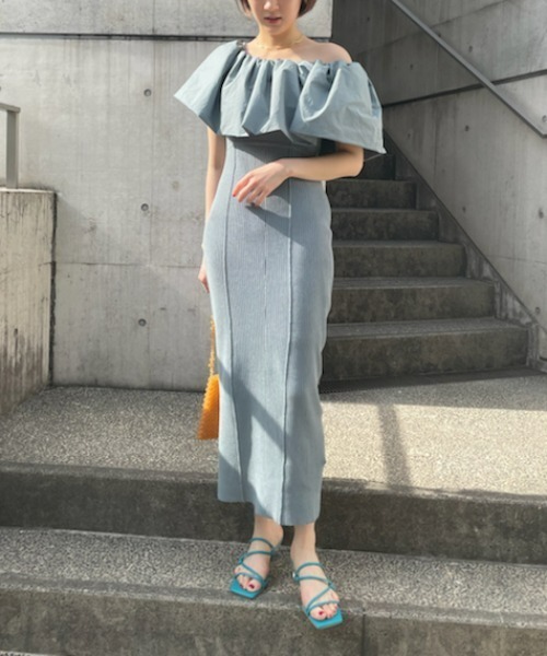 【極美品】FRAY I.D 半袖ニットロングワンピース 青 フリーサイズ FRAY I.D ニットワンピース 水色フレイアイディー