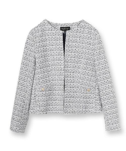 極美品 INDIVI ノーカラー ツイードジャケット 卒入 46 大きいサイズ
