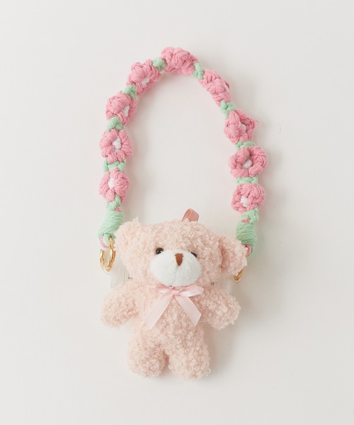 ROOP TOKYO ふわふわクマさん付き 花柄 編み込み スマホストラップ