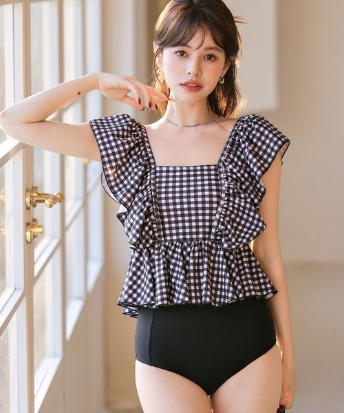 TeddyShop 水着 レディース水着 ギンガムチェックペプラムフリル