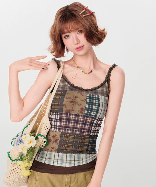 tシャツ パッチワークチェック柄 レースストラップ キャミソールトップス GH25s101「Girlyhalo」 レディース