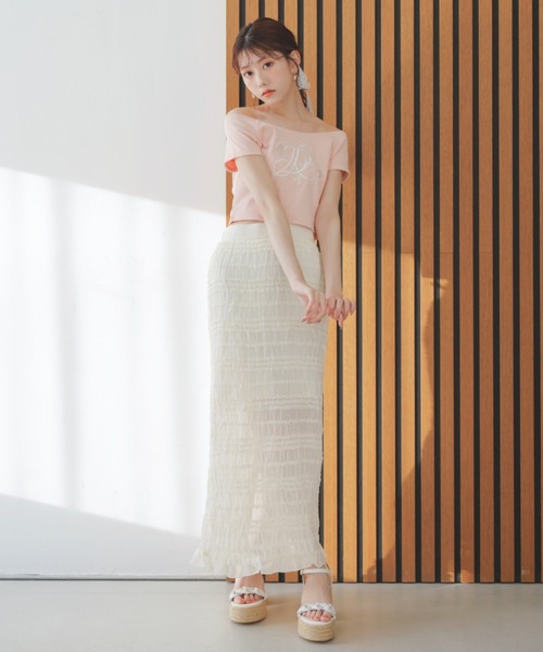 rienda シャーリングカットトップスとフリルスカートのセット rienda スカート 「AKB48千葉恵里さん着用」シャーリングカット