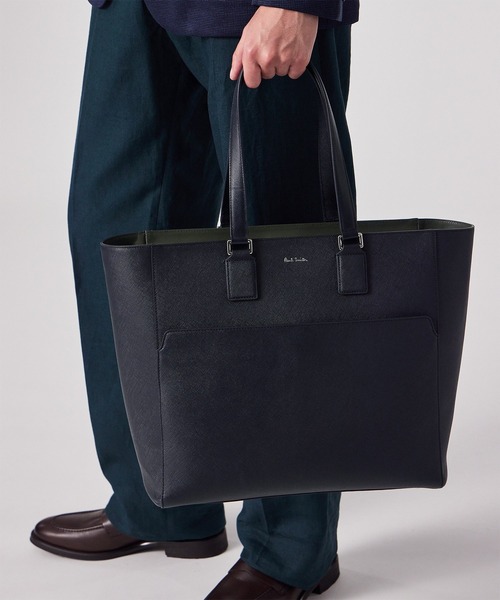 本革製Paul Smith トートバッグ ブラック/グリーン/ブルー Paul Smith トートバッグ シグネチャーストライププラー トート