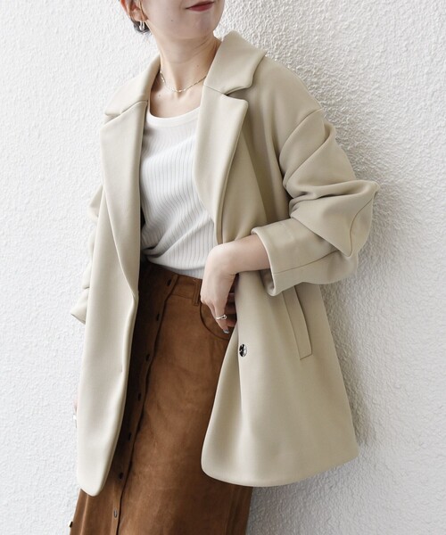 apres jour clair コクーンスリーブミドルコート アイボリー　XL セール】ウールライク配色ミドルコート（ノーカラーコート