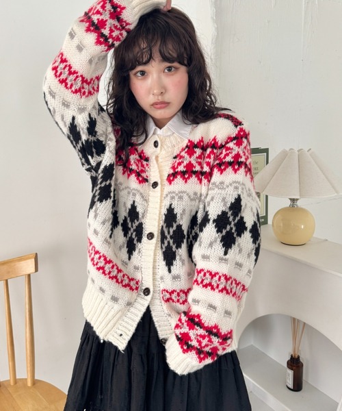 新品未使用　イエナアーガエル柄 カーディガン NAVY カーディガン アーガイル柄 ニットカーディガン レディース