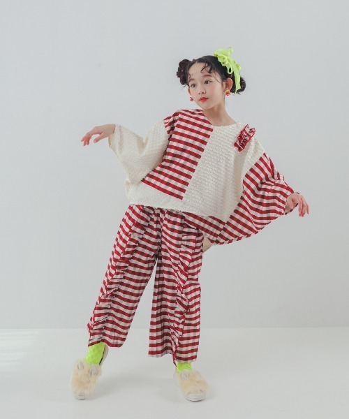 ブラウス シャツ ブロックチェックフリンジドルマンブラウス キッズ 子供服 女の子 | unica | 02