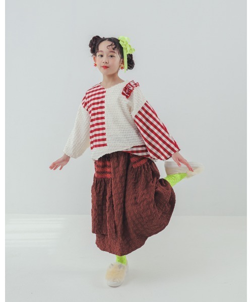 ブラウス シャツ ブロックチェックフリンジドルマンブラウス キッズ 子供服 女の子 | unica | 17