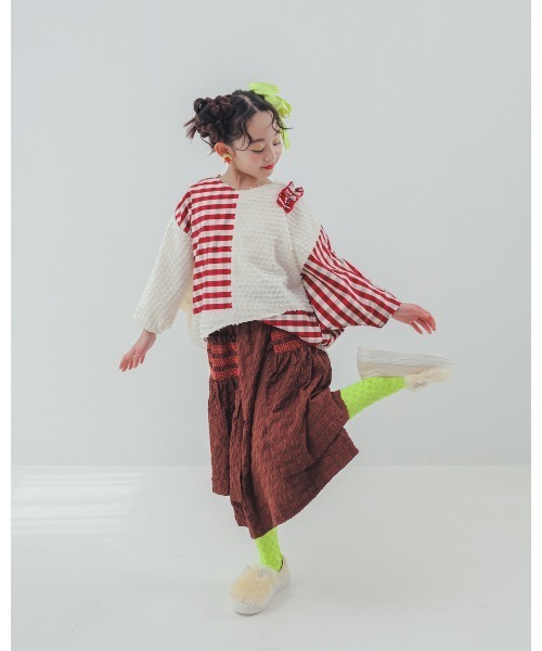 ブラウス シャツ ブロックチェックフリンジドルマンブラウス キッズ 子供服 女の子 | unica | 18