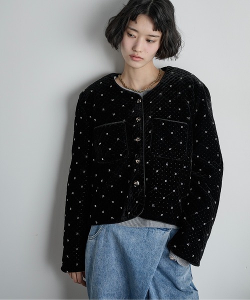 THE Yon ジャケット ノーカラージャケット ビジューベロアジャケット
