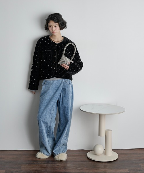 THE Yon ジャケット ノーカラージャケット ビジューベロアジャケット