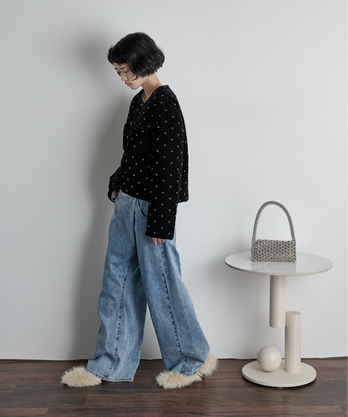 THE Yon ジャケット ノーカラージャケット ビジューベロアジャケット