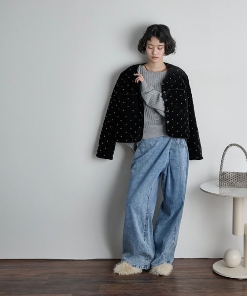 THE Yon ジャケット ノーカラージャケット ビジューベロアジャケット