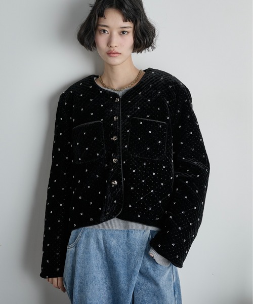 THE Yon ジャケット ノーカラージャケット ビジューベロアジャケット