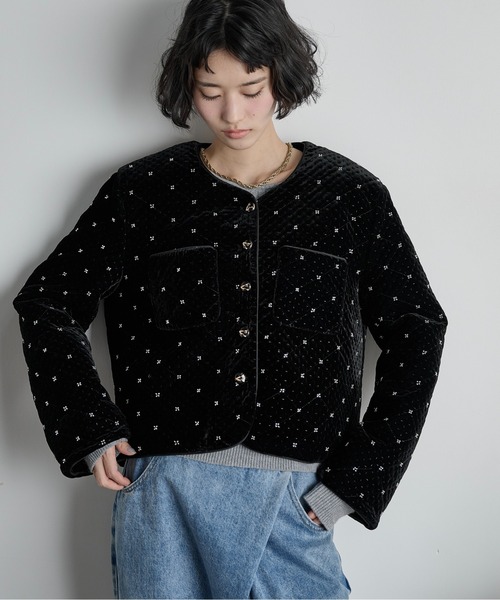 THE Yon ジャケット ノーカラージャケット ビジューベロアジャケット