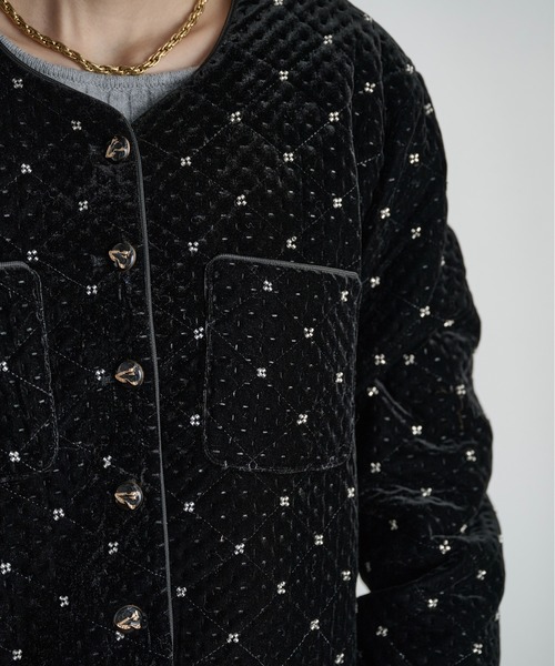 THE Yon ジャケット ノーカラージャケット ビジューベロアジャケット