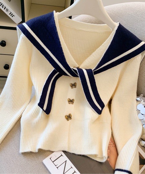 カーディガン セーラーカラーニットカーディガン レディース