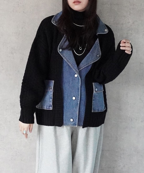 Emma（エマ） レザージャケット ライダース デニム切替ニット