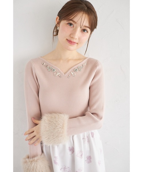 tocco closet ファー＆ビジュー付バックリボンニット ホワイト 長袖 186-205390-0.jpg
