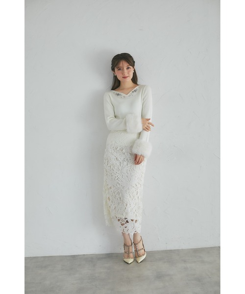 tocco closet ファー＆ビジュー付バックリボンニット ホワイト 長袖 tocco closet（トッコ クローゼット） ニット セーター 2WAY袖口