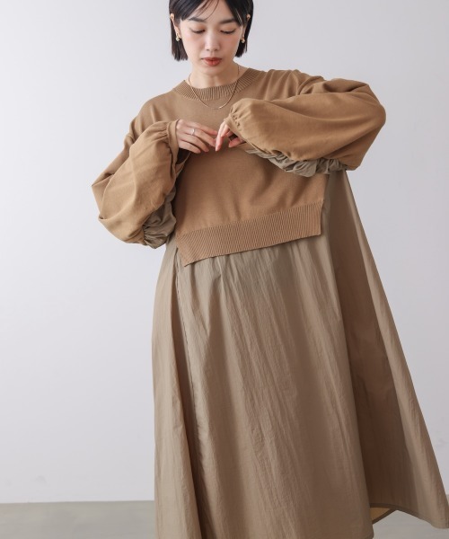 Bou Jeloud（ブージュルード） ワンピース 袖ギャザー布帛ドッキング