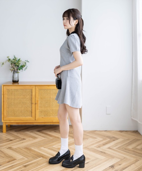 clear ワンピース 夏 半袖 配色ポロ襟半袖ニットミニワンピース「骨格