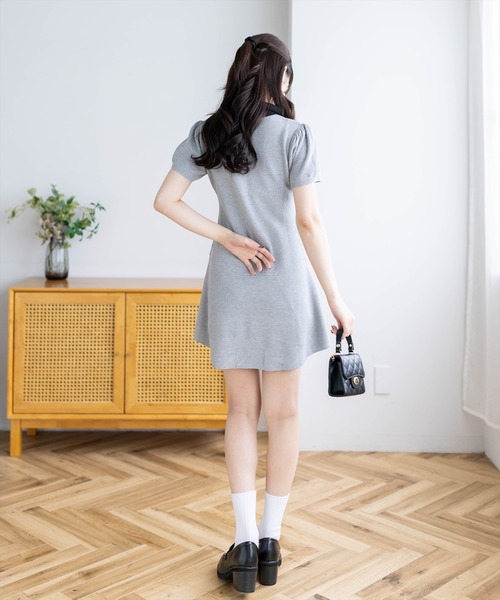 clear ワンピース 夏 半袖 配色ポロ襟半袖ニットミニワンピース「骨格
