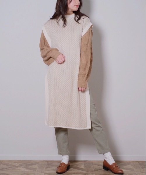 shopnikoniko ベスト ジレ ジャガード柄 サイドオープンロング