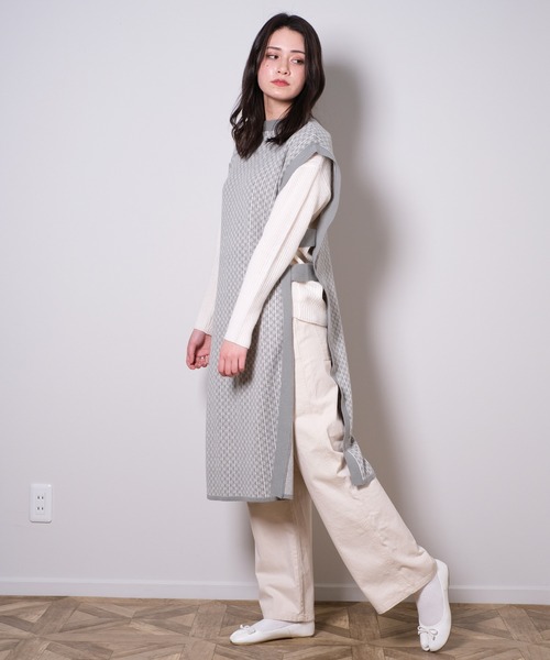 shopnikoniko ベスト ジレ ジャガード柄 サイドオープンロング