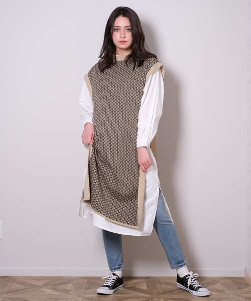 shopnikoniko ベスト ジレ ジャガード柄 サイドオープンロング