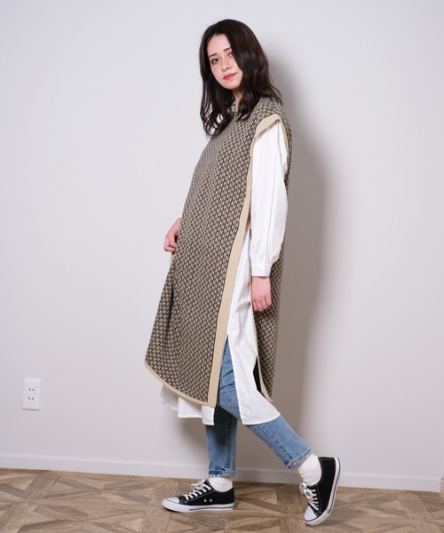 shopnikoniko ベスト ジレ ジャガード柄 サイドオープンロング
