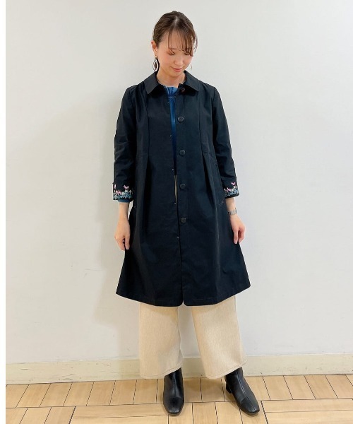 Jocomomola ホコモモラ　ステンカラーコート　紺　裏地総柄 Jocomomola ステンカラーコート 袖裏プリント レディース