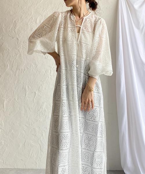 She's Closet ワンピース クロシェ編み風ブロックレースボリューム