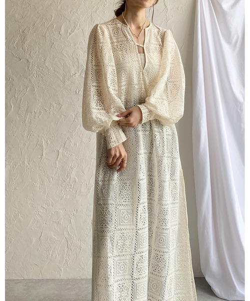 CHICWISH★ボリュームスリーブクロッシェレースワンピース☆ She's Closet ワンピース クロシェ編み風ブロックレース