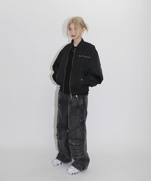 ジーンズ オーバーダイZIPカーゴワイドバギーデニムパンツ