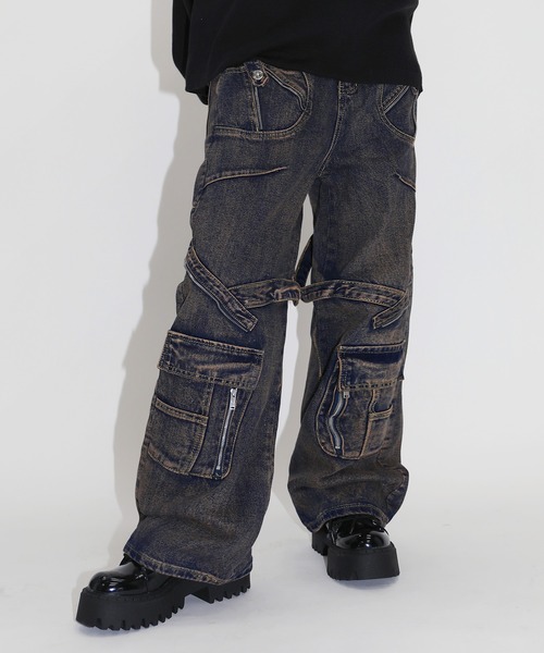 ジーンズ オーバーダイZIPカーゴワイドバギーデニムパンツ