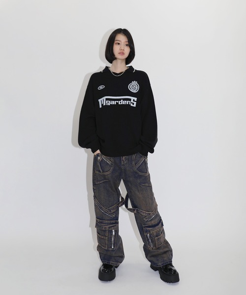 ジーンズ オーバーダイZIPカーゴワイドバギーデニムパンツ
