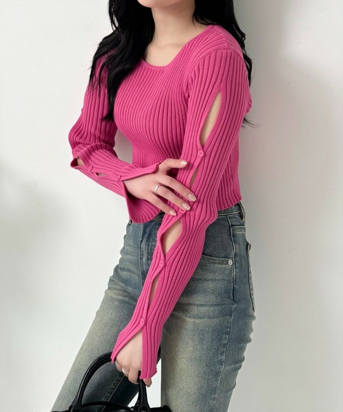 PINUE ウエストスリットニットトップス pink ウエストスリットニットトップス（SAX） - PINUE