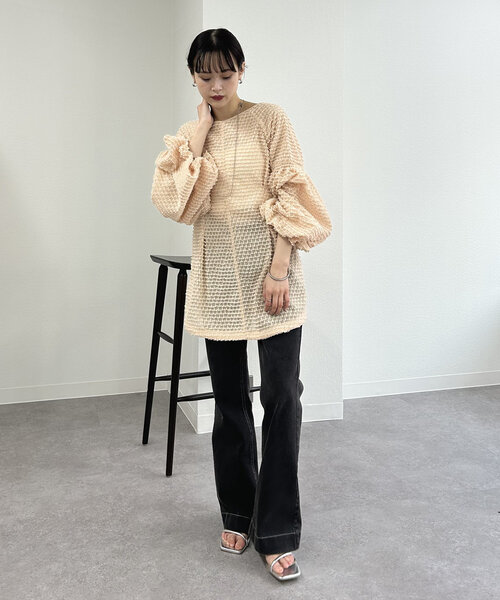 mystic フリンジシェイプチュニック　オフホワイト フリンジシェイプチュニック（シャツ/ブラウス）｜mystic