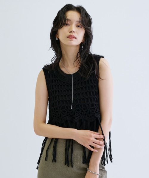 INDIVI GALLEST ベスト ジレ 「ZOZO限定」クロシェ編みフリンジベスト