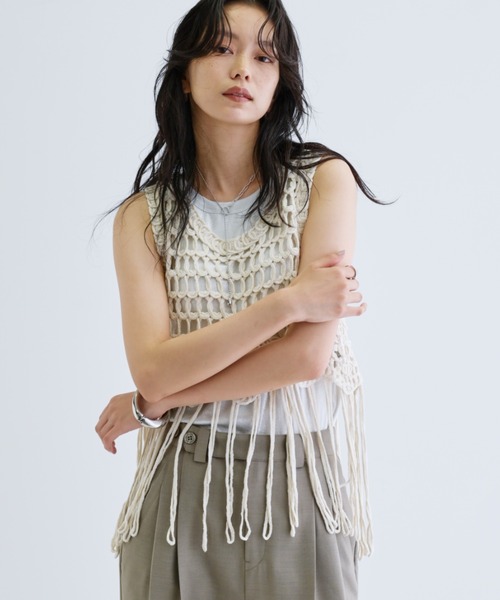 INDIVI GALLEST ベスト ジレ 「ZOZO限定」クロシェ編みフリンジベスト
